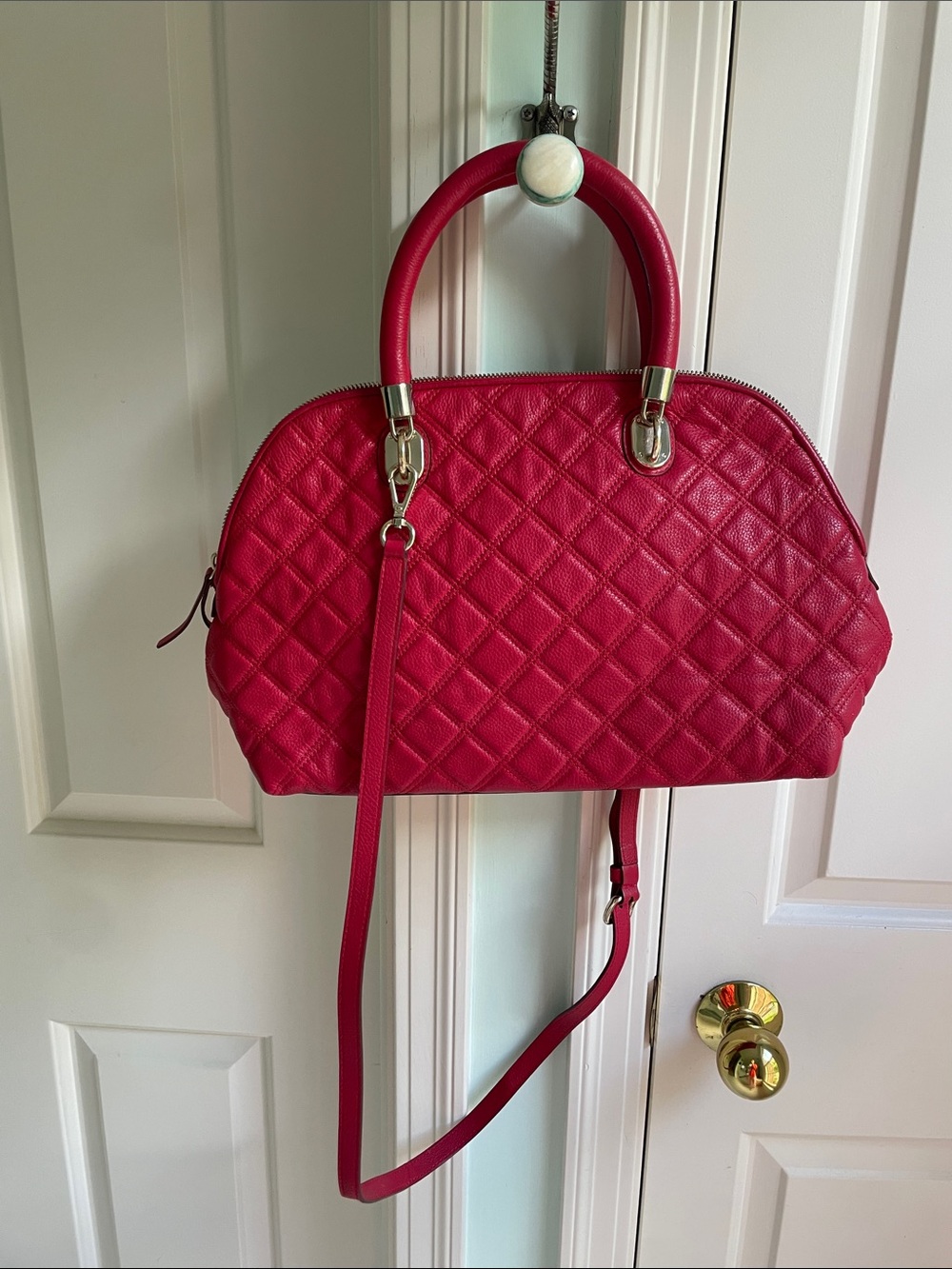 Cole Haan Quilted Dome Satchel in Red with Gold Hardware